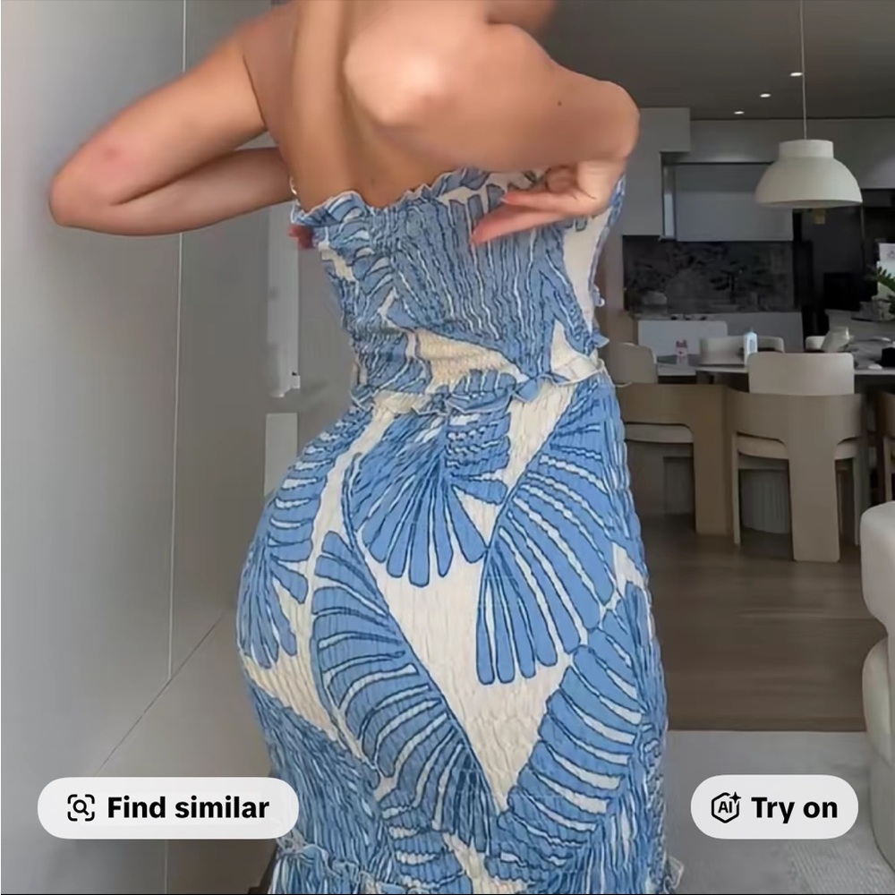 Strapless Blue and White Ruched Summer Dress